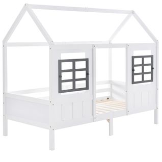 Lit Cabane,lit Simple,lit De Repos,lit D'enfant Avec 2 Fenêtres,cadre En Pin,mdf,blanc (200x90cm)