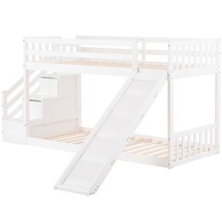 Lit Superposé Avec Escalier Et Toboggan,lit Enfant Avec 2 Tiroirs Dans L'escalier,90x200cm, Blanc