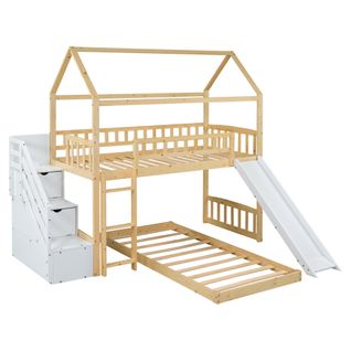 Lit Superposé Avec Escalier Avec Rampe Et Échelle à Angle Droit,bois + Blanc (90x200cm)