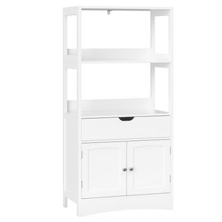 Armoire De Salle De Bain Avec Tiroir, 2 Compartiments Ouverts, 2 Portes, 60 X 122 X 32,5 Cm, Blanc
