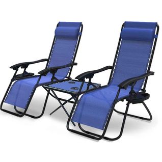 Lot 2 Chaise Longue Inclinable En Textilene Avec Table D'appoint Porte Gobelet Portable Bleu