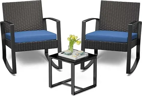 Salon De Jardin 2 Places Set De Jardin Acier Fauteuil à Bascule Avec Coussin, Bleu