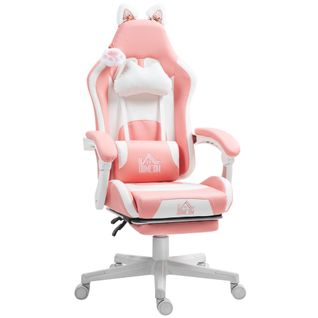 Chaise Gaming Ergonomique Avec Repose-pieds, Coussin Lombaire, Oreilles De Chat, Rose
