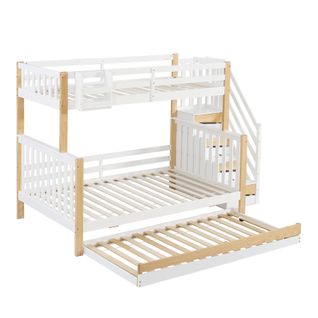 Lit Superposé 3 Couchages 90x200 Et 120x200 Cm Avec Lit Gigogne, Escalier Rangement – Blanc Et Bois