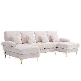 Canapé D’angle En U Avec LED Et Port USB-c – Design Moderne Et Dossier Ergonomique, Beige