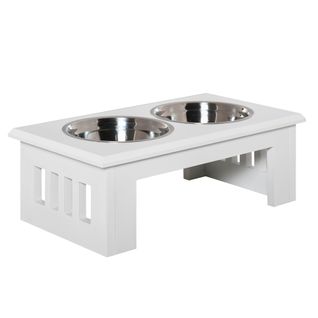 Gamelle Surélevée Pour Chien Avec Bols Inox, Mdf Blanc Antidérapant 58,4x30,5x25,4 Cm