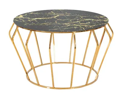 Table Basse Ronde 78 Cm Métal Doré Avec Plateau En Verre Effet Marbre Noir