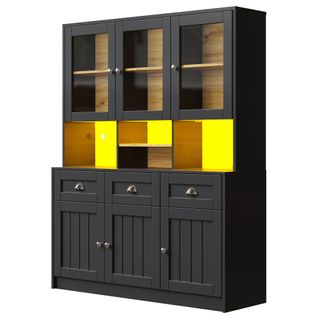 Buffet Haut De Cuisine Noir Avec LED Multicolore Et Étagères Réglables 140×40×175 Cm