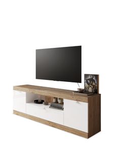 Meuble TV L.180 cm 2 portes 3 tiroirs SLIM imitation chêne et blanc
