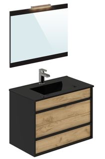 Meuble de salle de bain 80 cm KOH TAO Imitation chêne brut et noir
