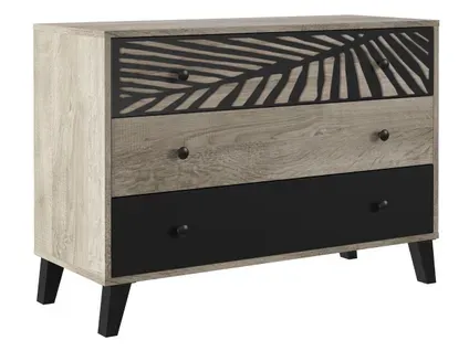 Commode 3 tiroirs avec motif PALMA noir et imitation chêne