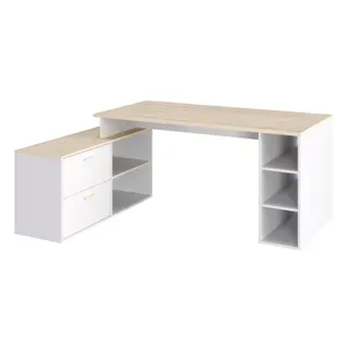 Bureau d'angle avec rangements imitation chêne et blanc WRITE vue 3/4
