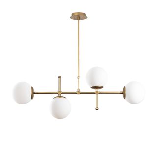 Suspension Barre 4 Lampes Globes Movado 108cm Métal Or Antique Et Chrome Et Verre Blanc
