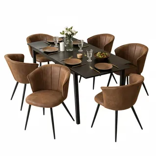 Ensemble Table Extensible Noire + 6 Chaises Coquille Suédine