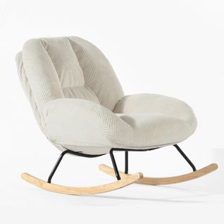 Fauteuil à Bascule Scandinave, Rocking Chair En Velours Côtelé, Pieds En Bois D’hévéa, Beige
