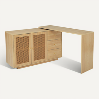Bureau, Table D'angle En L, Avec Portes En Rotin, 126x40x75cm, Chêne