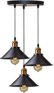 Suspension Industrielle E27 Lustre Vintage 3 Luminaires De Plafond Abat-jour 22cm Noir