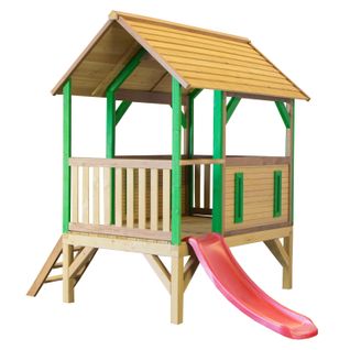 Akela Maison Enfant Avec Toboggan Rouge   Aire De Jeux Pour L'extérieur En Marron Et Vert