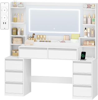 135cm Coiffeuse Avec Miroir,support Pour Sèche-cheveux, 8 Tiroirs Et Étagères Ouvertes, Blanc-argent