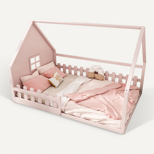 Lit Cabane 140x200cm, Lit Double, Lit Enfant Avec Fenêtre, Barrière Et Sommier, Pin+mdf, Rose