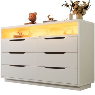 Commode Avec Éclairage LED Et 6 Tiroirs, Compartiment Avec Grain De Marbre, 120x40x85cm, Blanc