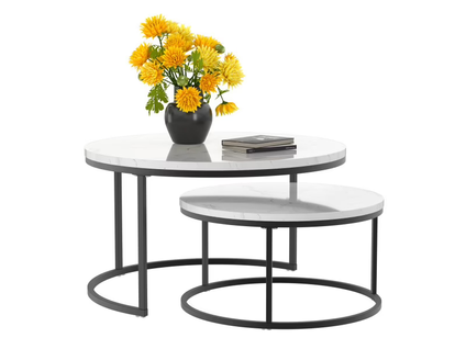 Table Basse Gigogne Ronde, Ensemble De 2, 80x80x45/60x60x33.5 Cm, Placage De Marbre, Blanc + Noir