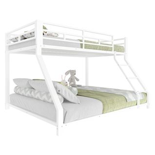 Lit Superposé, 90x200 Cm+140x200 Cm, Avec Clôture Anti-chute Et Escaliers, Cadre En Fer, Blanc