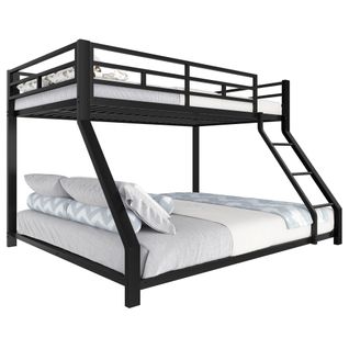 Lit Superposé, 90x200 Cm+140x200 Cm, Avec Clôture Anti-chute Et Escaliers, Cadre En Fer, Noir