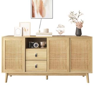 Buffet de salon, buffet bois Avec 3 Portes Coulissantes En Rotin, 2 Tiroirs, 155x38x80 Cm, En Mdf