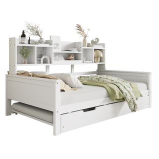 Lit Enfant 90x200 Cm Bois Blanc Avec Lit Gigogne, Rangement Et Sommier