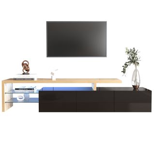 Meuble TV Moderne 197.5x39x42cm, Noir Brillant, Extérieur En Bois, Étagères En Verre, Éclairage LED