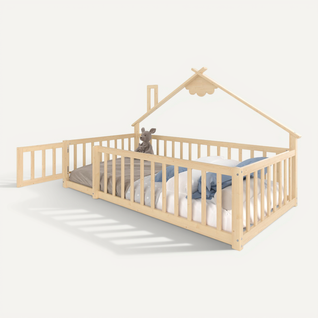 Lit Cabane Enfant 90x190cm Avec Sommier, Barrières Et Petite Porte, Lit Au Sol, Pin, Naturel
