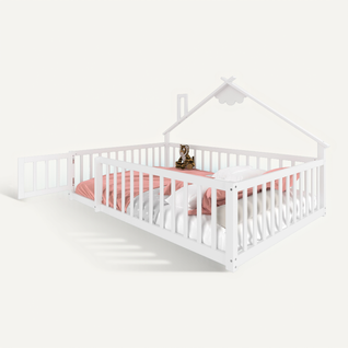 Lit Cabane Enfant 140x190cm Avec Sommier, Barrières Et Petite Porte, Lit Double Au Sol, Pin, Blanc