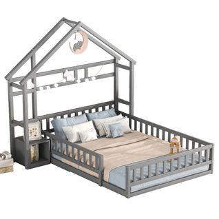 Lit Cabane Enfant En Bois 140x190cm Gris, Tête De Lit Compartiment De Rangement, Sommier à Lattes