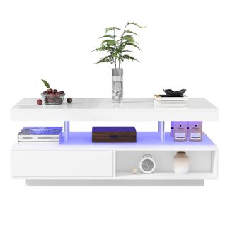 Table Basse Rectangulaire Blanche Avec 4 Plateaux En Verre, 2 Tiroirs Et 2 Compartiments Ouverts
