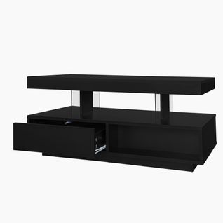 Table Basse Rectangulaire Noire Avec 4 Plateaux En Verre, 2 Tiroirs Et 2 Compartiments Ouverts