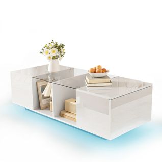 Table Basse Rectangulaire Blanche Avec Éclairage LED, Rangement Ouvert Et 2 Casiers