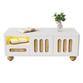 Table Basse Rectangulaire Blanche Et Bois Avec 4 Portes, 2 Tiroirs, Rangement Ouvert, LED