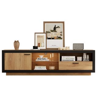 Meuble TV Noir Et Chêne Avec Éclairage LED Et Rangement, 160x40x50 Cm