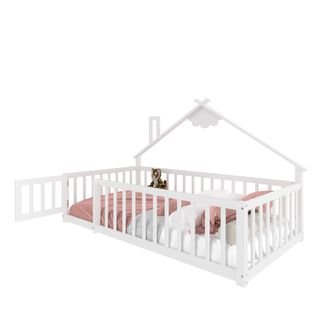 Lit Cabane Enfant 90x190 Cm Avec Barrières De Sécurité, En Pin Blanc