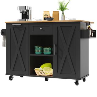 Desserte De Cuisine Extensible à 5 Roulettes Avec Tiroir, 2 Portes, Étagères, Noir