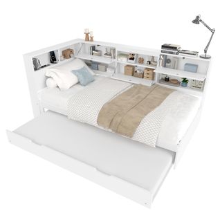 Lit Enfant Gigogne 90x200 Cm, Rangements Ouverts Et Fermés, Ports USB, Sommiers, Bois De Pin Blanc