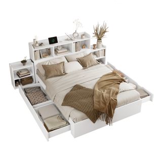 Lit Adulte 140x200 Cm, Lit Avec 4 Tiroirs, Tête De Lit Rangement, 2 Chevets Gigognes, Blanc