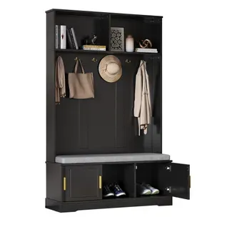 Vestiaire Meuble D’entrée Noir Avec Banc, Porte-manteaux Et Étagère à Chaussures, 3 Portes Rangement