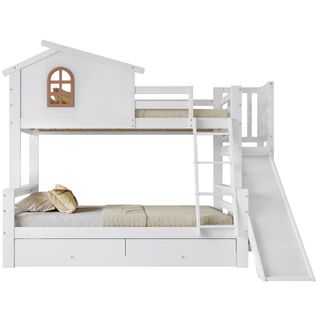 Lit Superposé Enfant 90x200 + 120x200 Cm Avec Toboggan, Fenêtres, 2 Tiroirs Et Échelle, Bois Blanc