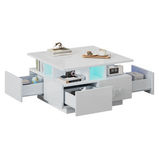 Table Basse LED Via Appli, 4 Tiroirs, Design 3 Niveaux, Panneau De Particules, Blanc