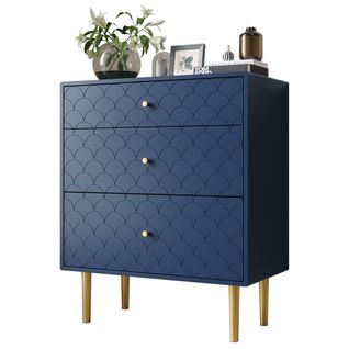 Commode Rangement 3 Tiroirs Salon Chambre Métal Bois Bleu Marine