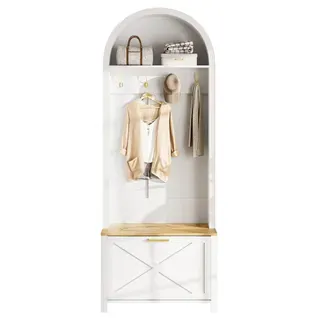 Vestiaire D’entrée Avec Patères Et Étagères - Meuble D’entrée Tout-en-un En Mdf, Blanc+naturel