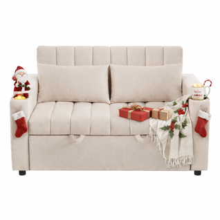 Canapé Convertible 2 Places, Fonction Lit, Porte-gobelet, Style Moderne, Revêtement Coton - Beige