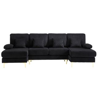 Canapé D'angle En U Avec Éclairage LED Et Port USB-c, 4 Coussins Et Dossier, Noir